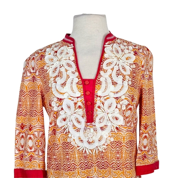 Indika Orange Geometric Print Beaded Lightweight Tunic Top - Picture 3 of 8